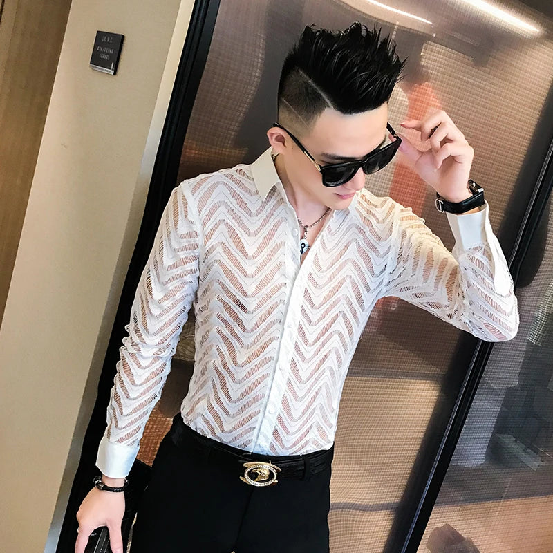 Stitching Striped Shirt Summer Men Transparent Lace Cutout Shirt Camisa Long Sleeve Slim Club Prom Party Shirt Social Masculina