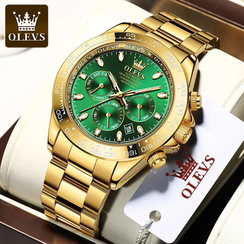 OLEVS Gold Stainless Steel Watches for Men Automatic Chronograph - Gold Bezel & Waterproof & Luminous & Date relógio masculino