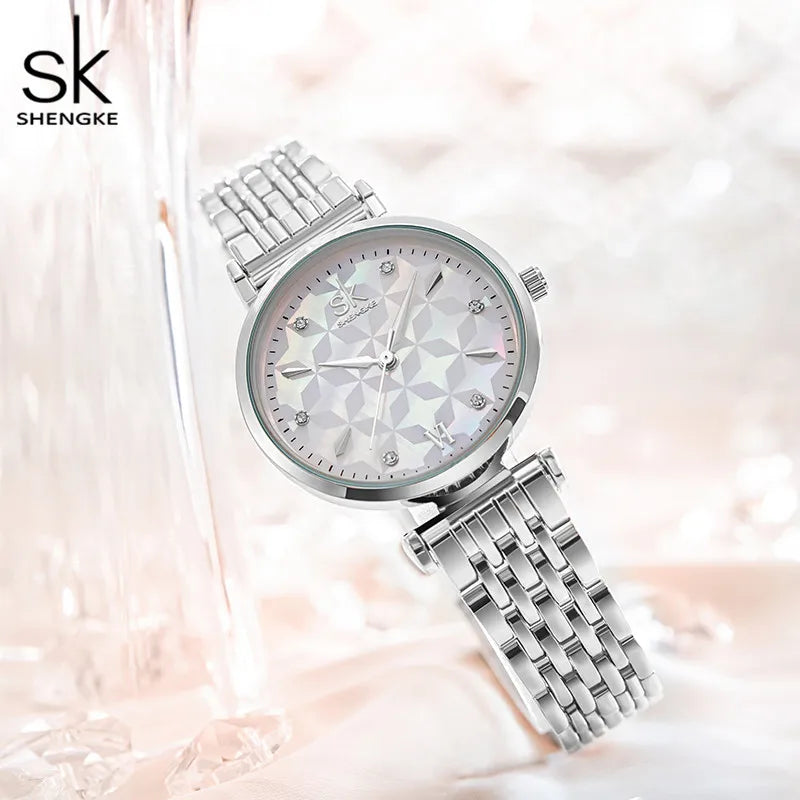 Shengke Bracelet Women Watch Silver Classical Wristwatch Gift for Women Original Design Watch Relógios Femininos