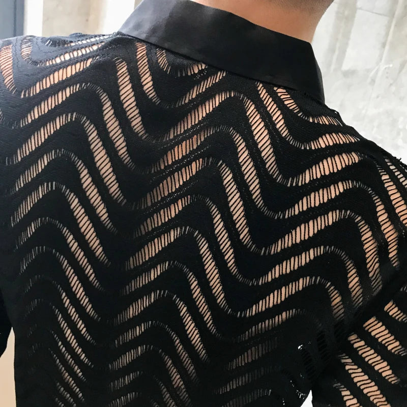 Stitching Striped Shirt Summer Men Transparent Lace Cutout Shirt Camisa Long Sleeve Slim Club Prom Party Shirt Social Masculina