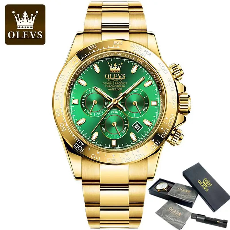 OLEVS Gold Stainless Steel Watches for Men Automatic Chronograph - Gold Bezel & Waterproof & Luminous & Date relógio masculino