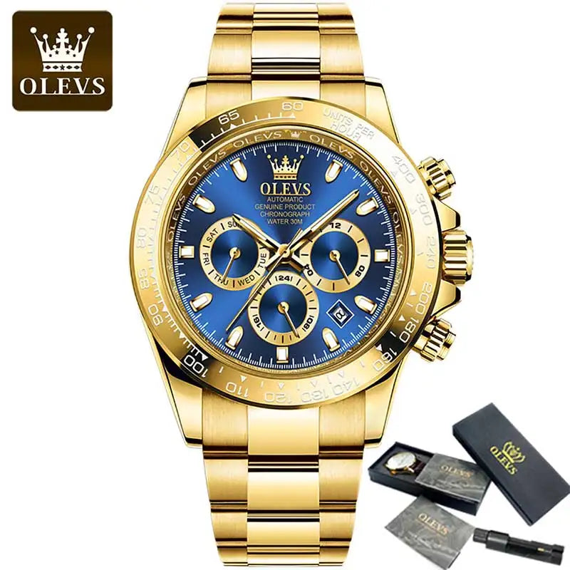 OLEVS Gold Stainless Steel Watches for Men Automatic Chronograph - Gold Bezel & Waterproof & Luminous & Date relógio masculino