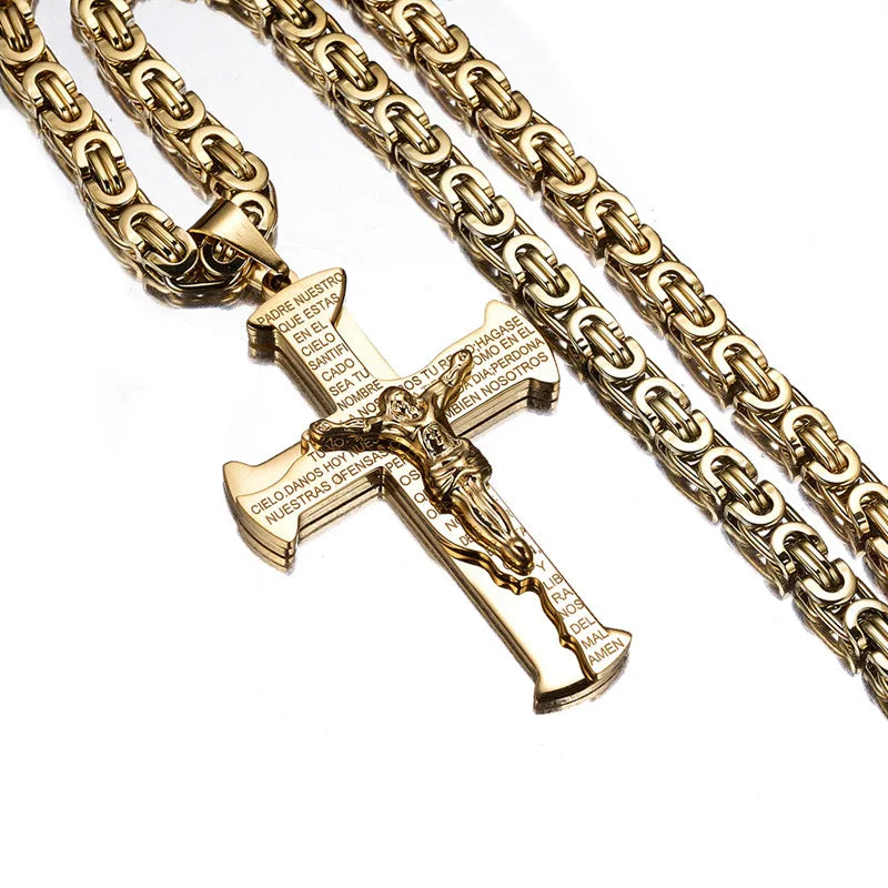 Jesus Crucifixion Cross Pendant Necklace For Men Women Gold Silver Black Color Stainless Steel Byzanine Chain