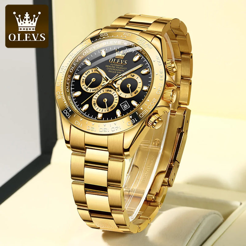 OLEVS Gold Stainless Steel Watches for Men Automatic Chronograph - Gold Bezel & Waterproof & Luminous & Date relógio masculino