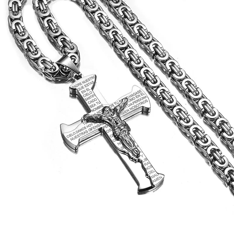 Jesus Crucifixion Cross Pendant Necklace For Men Women Gold Silver Black Color Stainless Steel Byzanine Chain