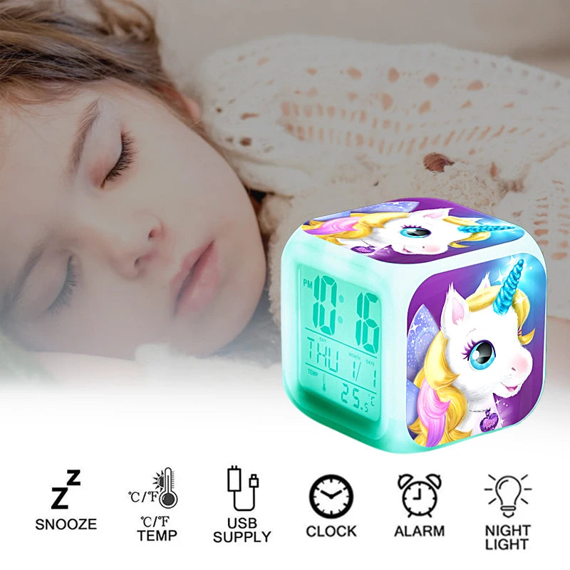 Children's Unicorn Alarm Clock Cartoon 7 Led Night Light Desk Clocks Date Temperature despertador Unicornio Kids Birthday Gifts