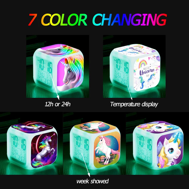 Children's Unicorn Alarm Clock Cartoon 7 Led Night Light Desk Clocks Date Temperature despertador Unicornio Kids Birthday Gifts