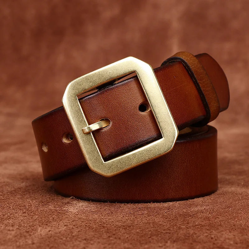 3.8CM Thick Cowhide Copper Brass Buckle Genuine Leather Casual Jeans Belt Men High Quality Waistband Male Luxury Strap Cintos