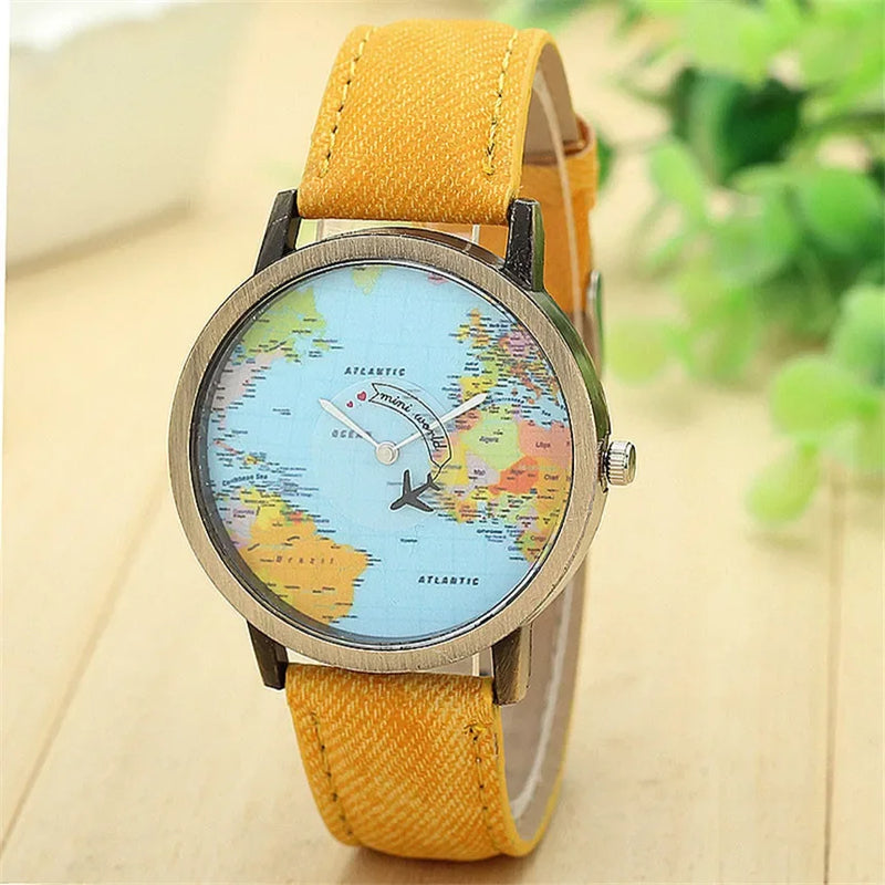 Fashion Global World Map Plane Denim Fabric Band Watches for Men Women Wristwatches Quartz Watch Gift Horloges Relógio