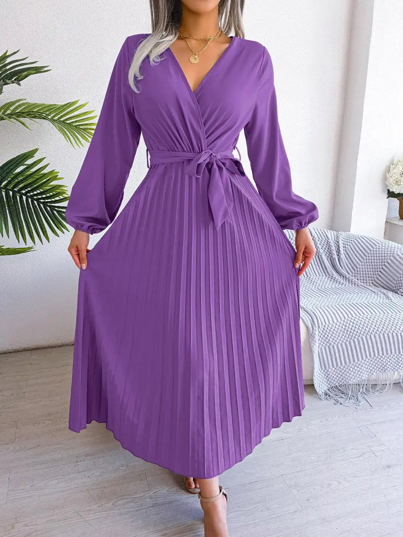 Women's Elegant Cross V-neck Lace-up Solid Pleated Dresses 2025 Spring Summer Office Lady Lantern Long-sleeved A-line Long Dress