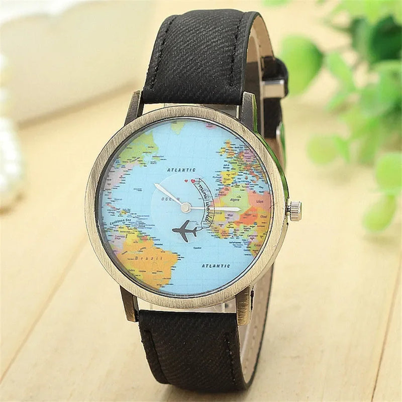 Fashion Global World Map Plane Denim Fabric Band Watches for Men Women Wristwatches Quartz Watch Gift Horloges Relógio