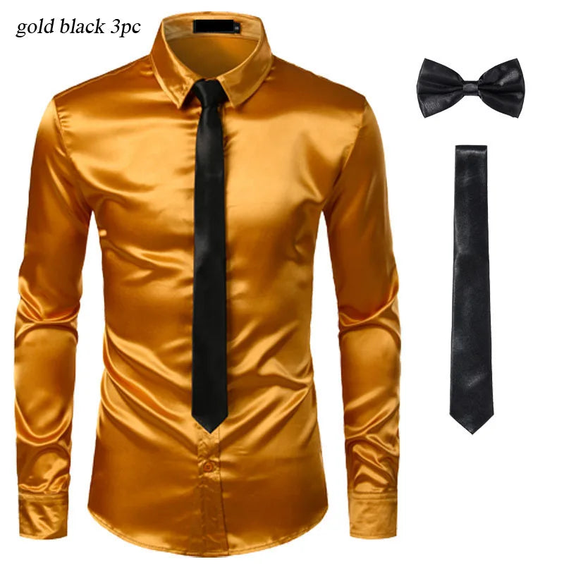 Black Mens Silk Dress Shirts 3Pcs(Shirt +Tie+Bowtie) Smooth Satin Shirt Men Slim Fit Party Prom Casual Shirts Men Social Camisa