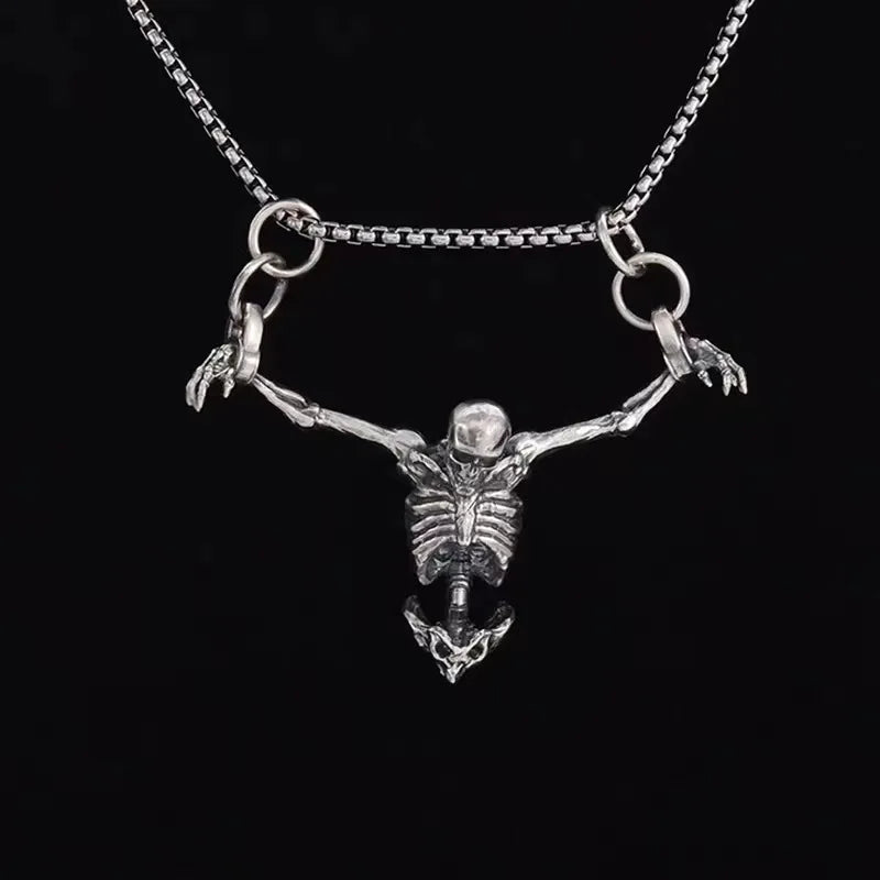 Creative Crucifixion Skull Pendant Men Necklace Punk HipHop Silver Color Half Body Skeleton Hanging Party Jewelry Gift Wholesale