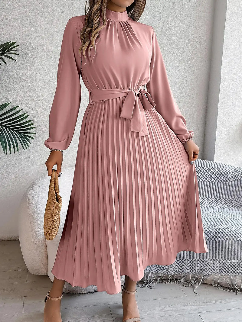 Women's Elegant Stand Collar Long Sleeve Pleated Long Dresses 2025 Spring Autumn Ladies Solid Lace-up Pleated Party Midi Dress