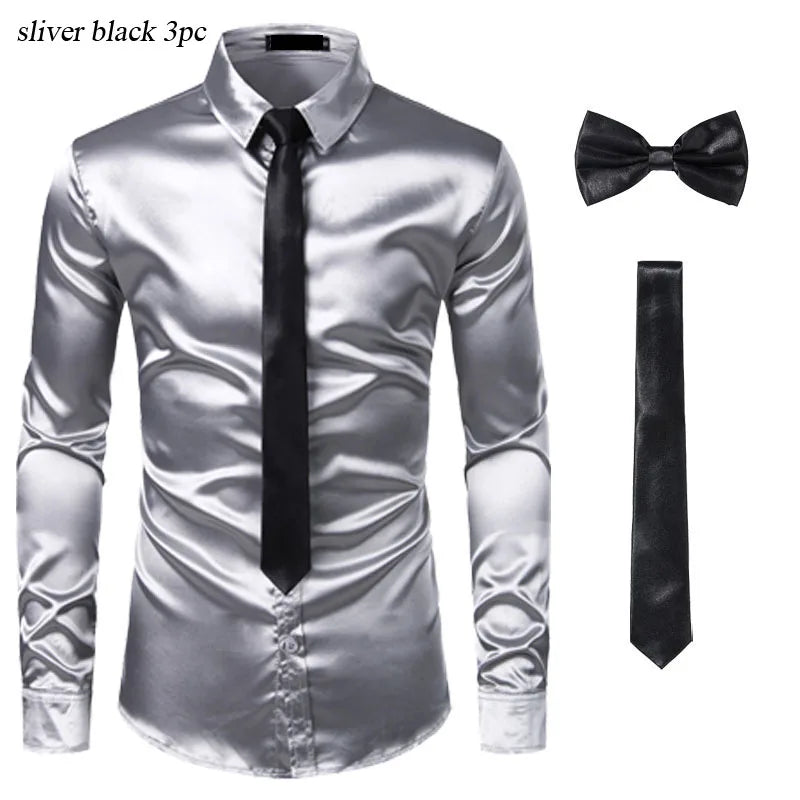 Black Mens Silk Dress Shirts 3Pcs(Shirt +Tie+Bowtie) Smooth Satin Shirt Men Slim Fit Party Prom Casual Shirts Men Social Camisa