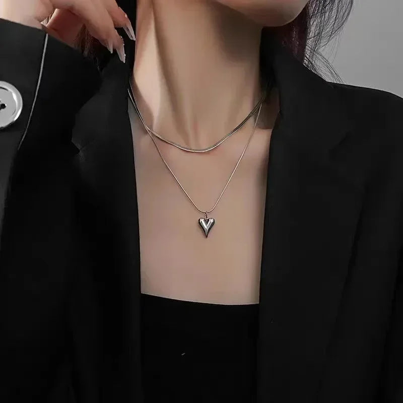 LATS Double Layered Love Heart Pendant Necklace for Women Silver Color Simple Neck Chain Choker Fashion Jewelry Birthday Gifts