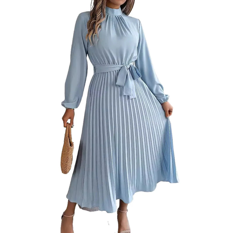 Women's Elegant Stand Collar Long Sleeve Pleated Long Dresses 2025 Spring Autumn Ladies Solid Lace-up Pleated Party Midi Dress