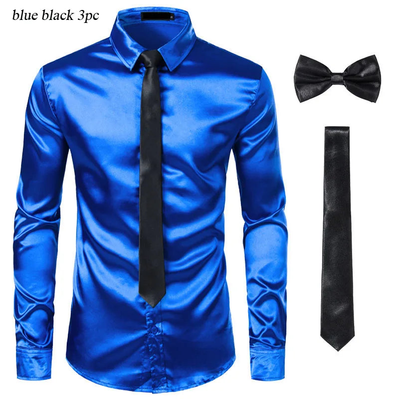 Black Mens Silk Dress Shirts 3Pcs(Shirt +Tie+Bowtie) Smooth Satin Shirt Men Slim Fit Party Prom Casual Shirts Men Social Camisa