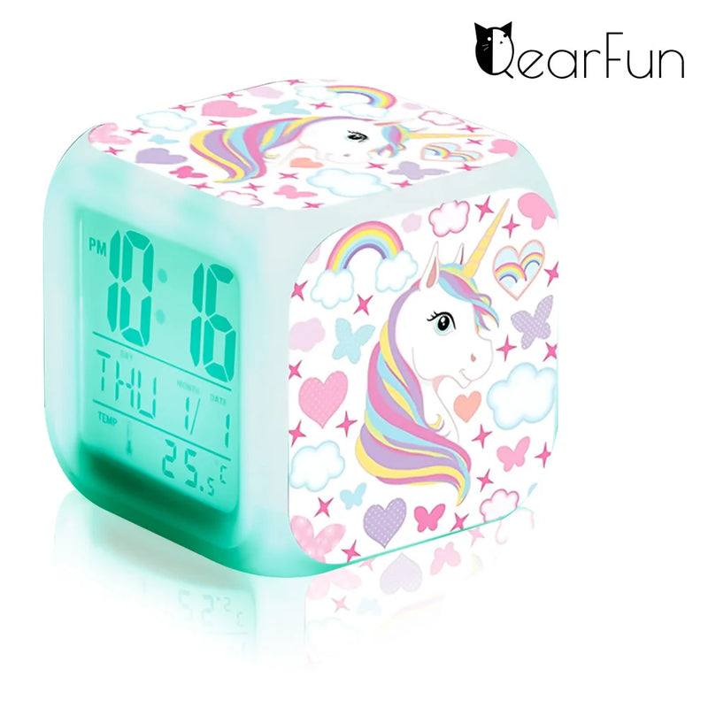 Children's Unicorn Alarm Clock Cartoon 7 Led Night Light Desk Clocks Date Temperature despertador Unicornio Kids Birthday Gifts