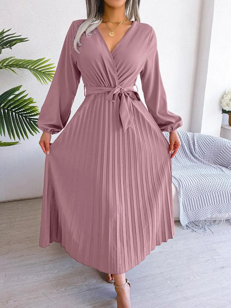 Women's Elegant Cross V-neck Lace-up Solid Pleated Dresses 2025 Spring Summer Office Lady Lantern Long-sleeved A-line Long Dress