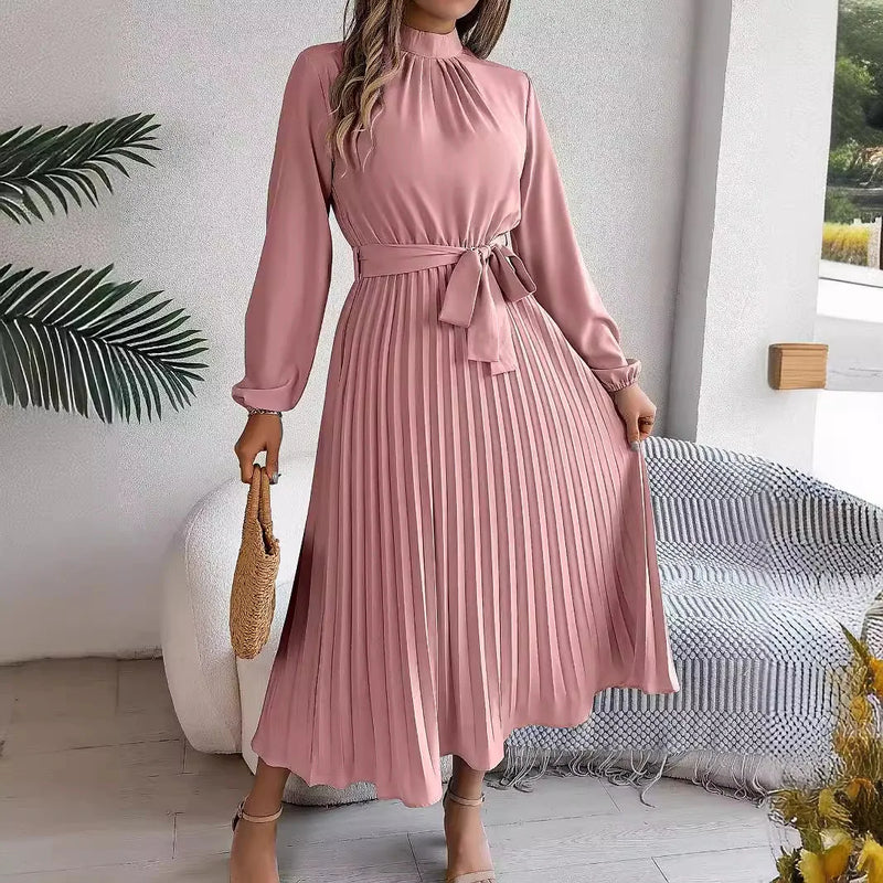 Women's Elegant Stand Collar Long Sleeve Pleated Long Dresses 2025 Spring Autumn Ladies Solid Lace-up Pleated Party Midi Dress