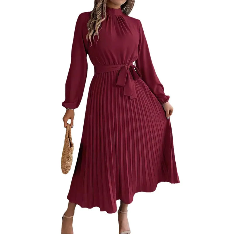 Women's Elegant Stand Collar Long Sleeve Pleated Long Dresses 2025 Spring Autumn Ladies Solid Lace-up Pleated Party Midi Dress