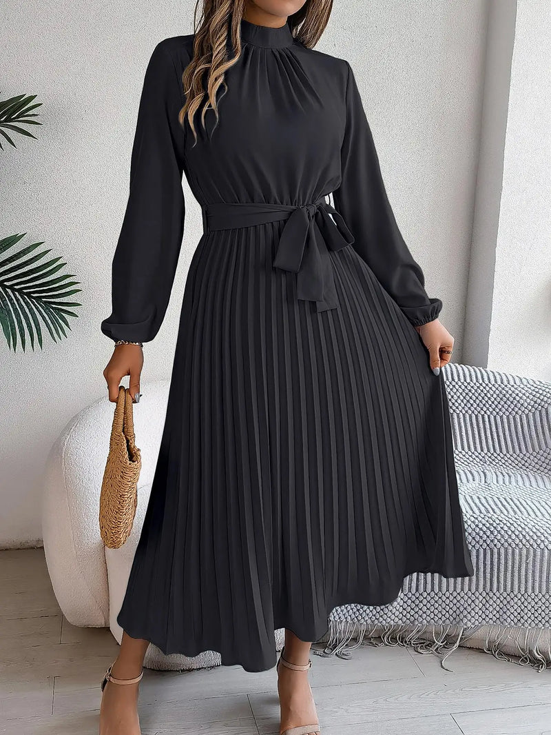 Women's Elegant Stand Collar Long Sleeve Pleated Long Dresses 2025 Spring Autumn Ladies Solid Lace-up Pleated Party Midi Dress