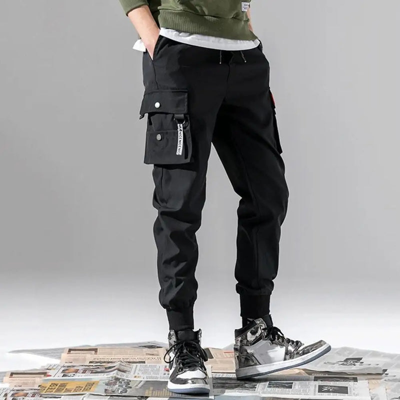 Summer Men Sweatpants Mid-Rise Shrinkable Cuffs Elastic Waistband Drawstring Men Pants Solid Color Multi Pockets Cargo Pants