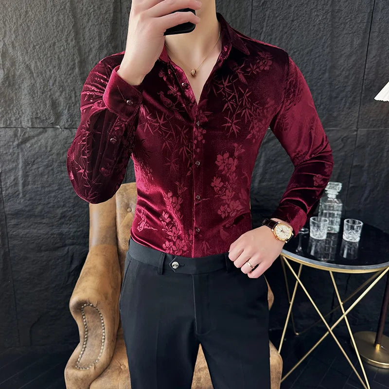 Luxury Velvet Velvet Shirt Men 2024 Spring Slim Casual Dress Shirts Social PartyTuxedo Blouse Camisas Para Hombre Men Clothing