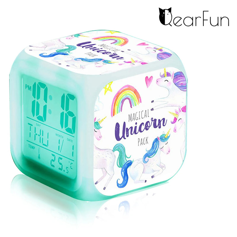 Children's Unicorn Alarm Clock Cartoon 7 Led Night Light Desk Clocks Date Temperature despertador Unicornio Kids Birthday Gifts