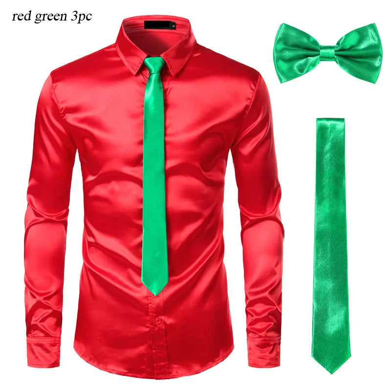 Black Mens Silk Dress Shirts 3Pcs(Shirt +Tie+Bowtie) Smooth Satin Shirt Men Slim Fit Party Prom Casual Shirts Men Social Camisa