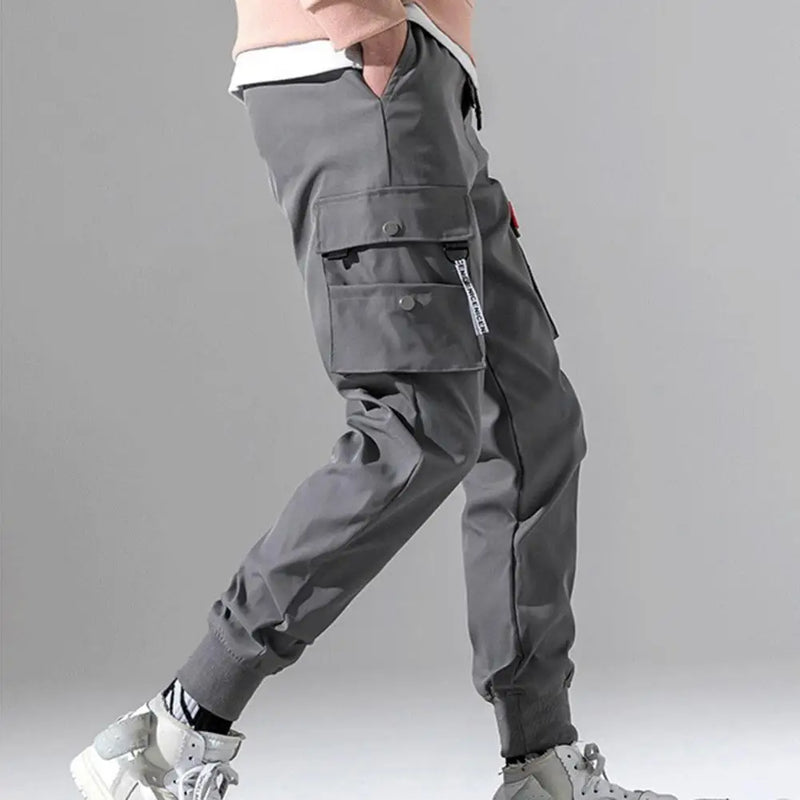 Summer Men Sweatpants Mid-Rise Shrinkable Cuffs Elastic Waistband Drawstring Men Pants Solid Color Multi Pockets Cargo Pants