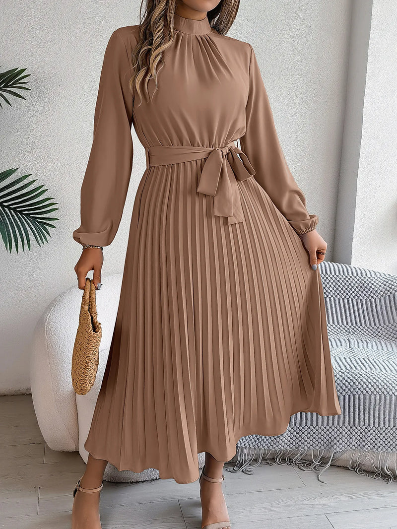 Women's Elegant Stand Collar Long Sleeve Pleated Long Dresses 2025 Spring Autumn Ladies Solid Lace-up Pleated Party Midi Dress