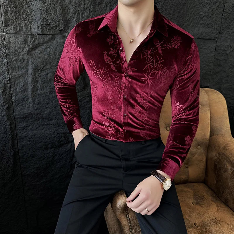 Luxury Velvet Velvet Shirt Men 2024 Spring Slim Casual Dress Shirts Social PartyTuxedo Blouse Camisas Para Hombre Men Clothing