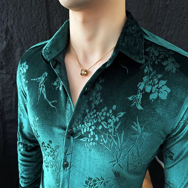 Luxury Velvet Velvet Shirt Men 2024 Spring Slim Casual Dress Shirts Social PartyTuxedo Blouse Camisas Para Hombre Men Clothing