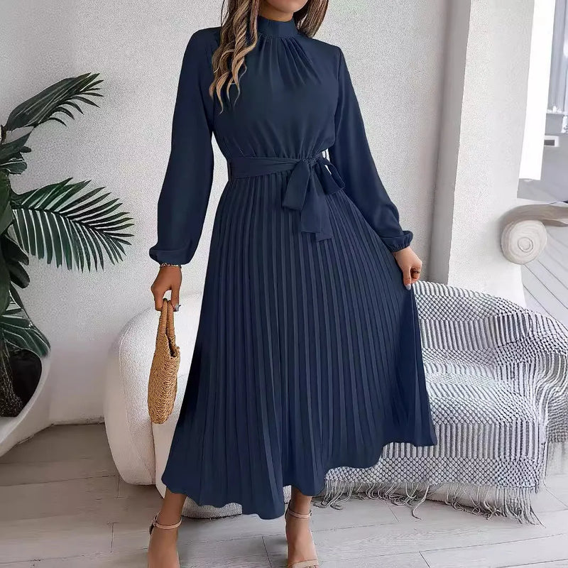 Women's Elegant Stand Collar Long Sleeve Pleated Long Dresses 2025 Spring Autumn Ladies Solid Lace-up Pleated Party Midi Dress