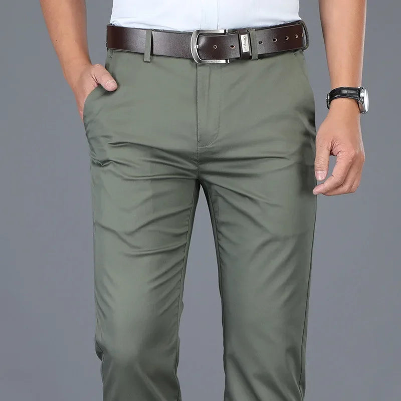 Summer Thin Men's Slim Suit Pants Fashion Business Casual Cotton Green Black Khaki Trousers Male Brand Clothing 30-40