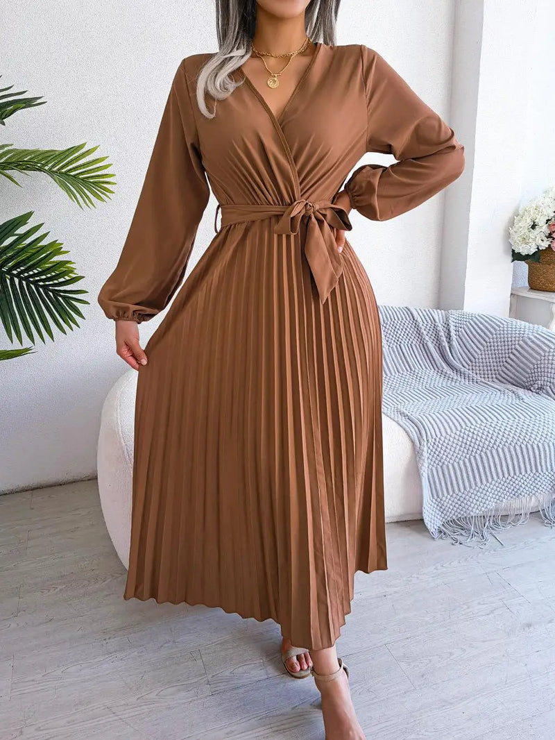 Women's Elegant Cross V-neck Lace-up Solid Pleated Dresses 2025 Spring Summer Office Lady Lantern Long-sleeved A-line Long Dress