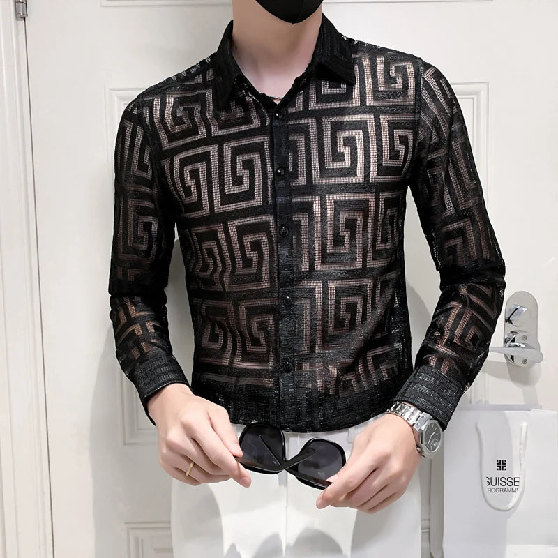 Stitching Striped Shirt Summer Men Transparent Lace Cutout Shirt Camisa Long Sleeve Slim Club Prom Party Shirt Social Masculina