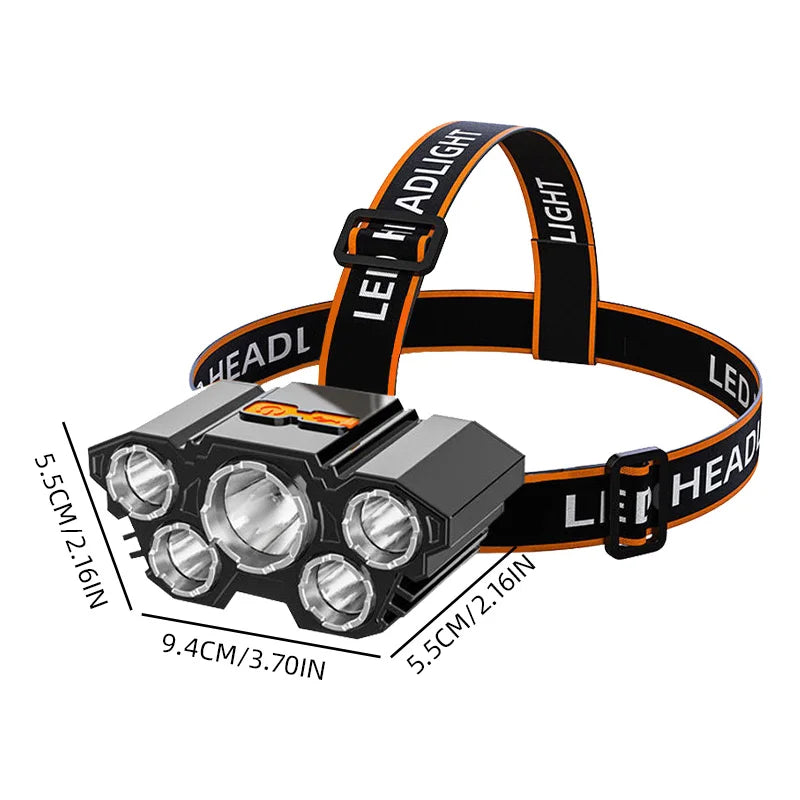 5 LED Headlamp Rechargeable with Built in 18650 Battery Strong Light Headlight Camping Adventure Fishing Head Light Flashlight