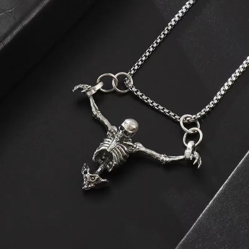 Creative Crucifixion Skull Pendant Men Necklace Punk HipHop Silver Color Half Body Skeleton Hanging Party Jewelry Gift Wholesale