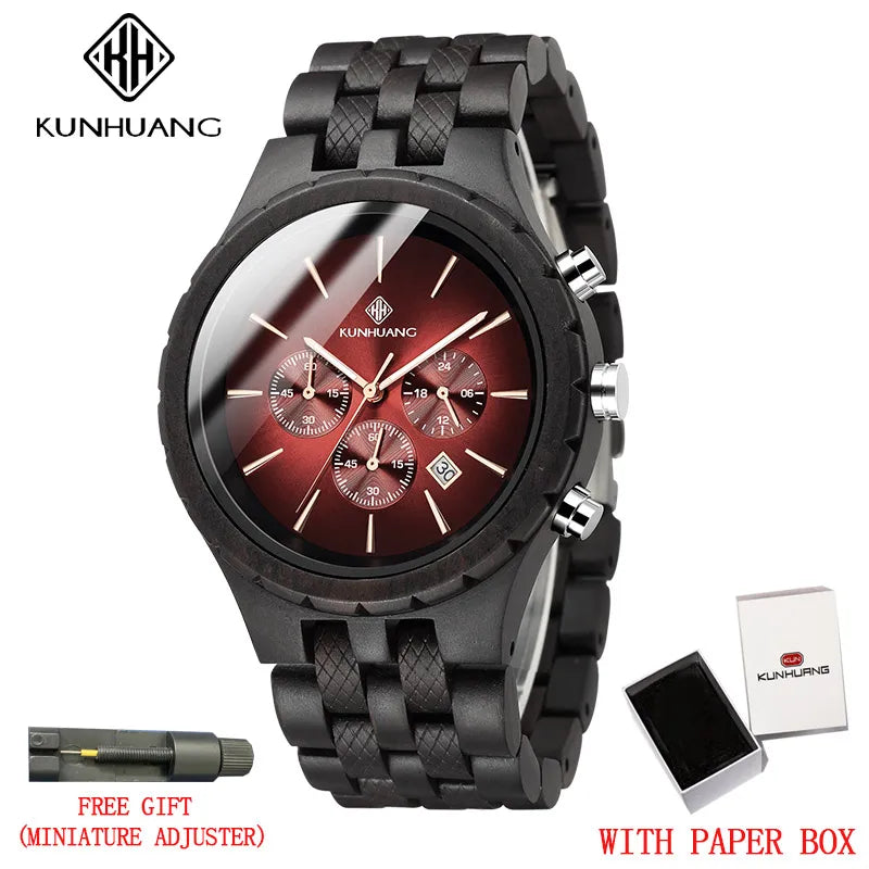 KUNHUANG Handmade Wooden Watch Multifunction Dial Mens Quartz Watch Luxury Luminous Chronograph Custom Logo relógio masculino