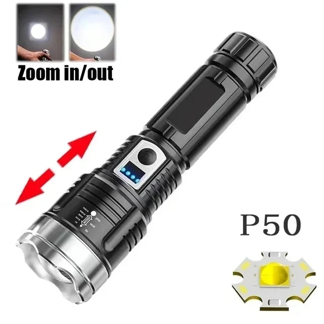 High Strong Power Led Flashlights Tactical Emergency Spotlights Telescopic Zoom Built-in Battery USB Rechargeable Camping Torch