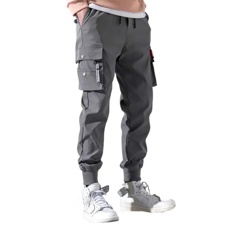 Summer Men Sweatpants Mid-Rise Shrinkable Cuffs Elastic Waistband Drawstring Men Pants Solid Color Multi Pockets Cargo Pants