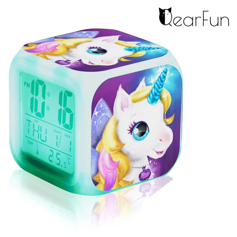 Children's Unicorn Alarm Clock Cartoon 7 Led Night Light Desk Clocks Date Temperature despertador Unicornio Kids Birthday Gifts