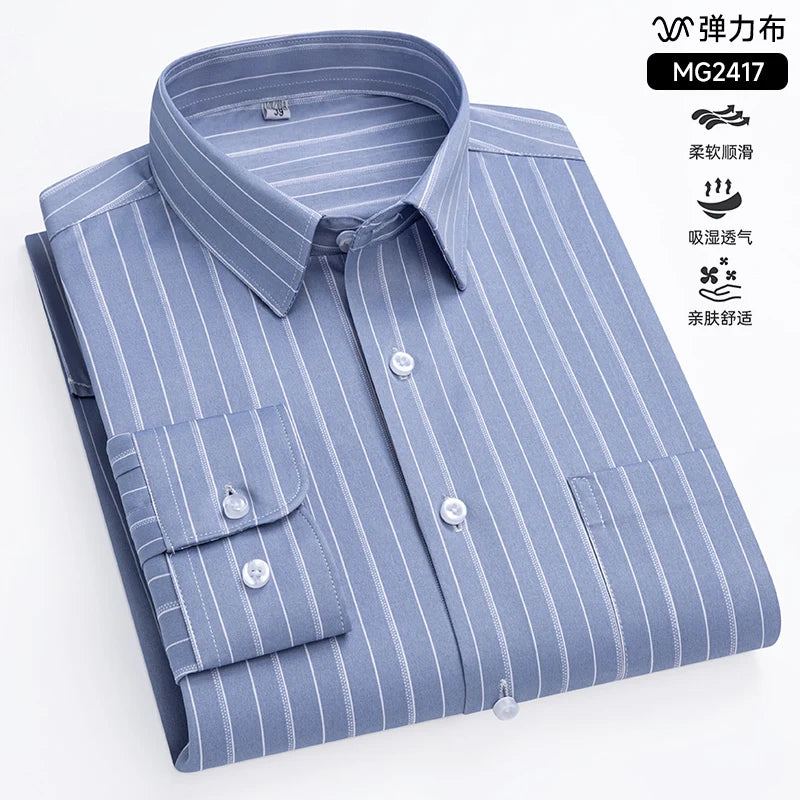 2024 New Stretch Anti-Wrinkle Mens Shirts Long Sleeve Dress Shirts For Slim Fit Camisa Social Business Blouse White Shirt 4-5XL