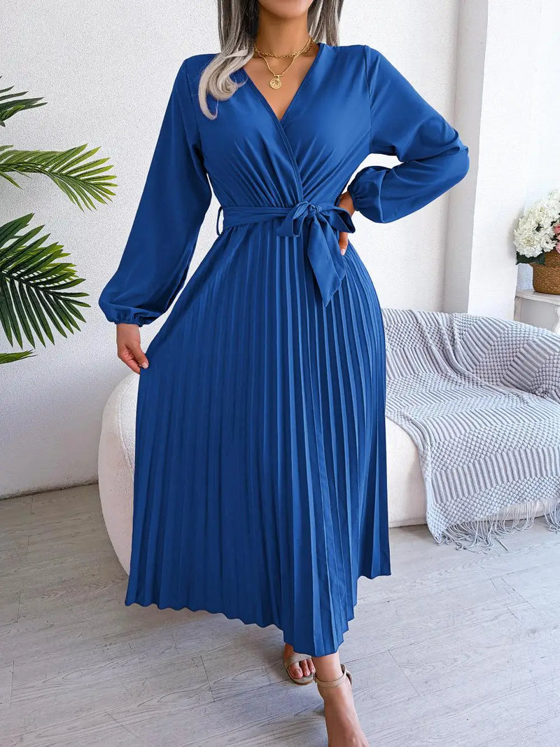 Women's Elegant Cross V-neck Lace-up Solid Pleated Dresses 2025 Spring Summer Office Lady Lantern Long-sleeved A-line Long Dress