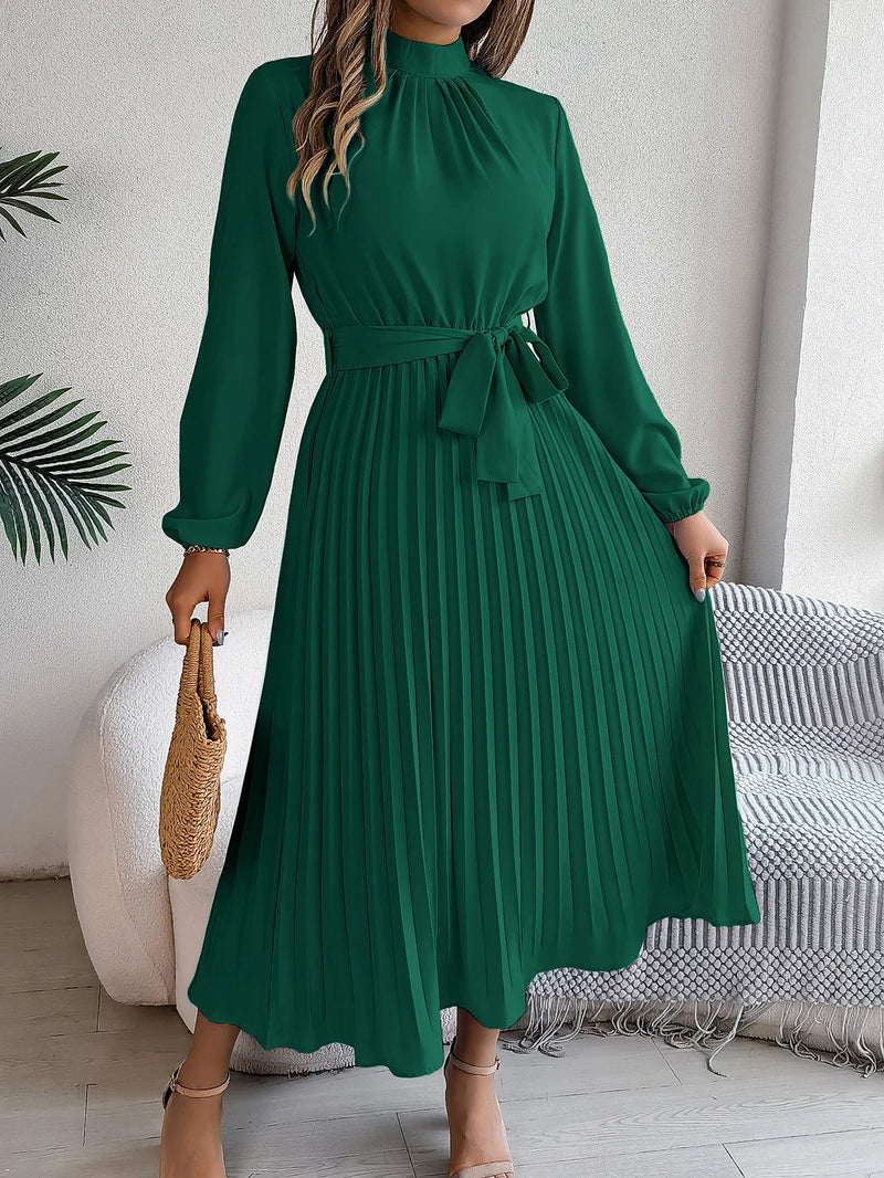 Women's Elegant Stand Collar Long Sleeve Pleated Long Dresses 2025 Spring Autumn Ladies Solid Lace-up Pleated Party Midi Dress