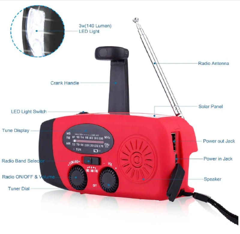 Emergency Solar Hand Crank Solar Radio with LED Flashlight for camp, AM/FM  Portable  Radio 2000mAh power bank Charging light