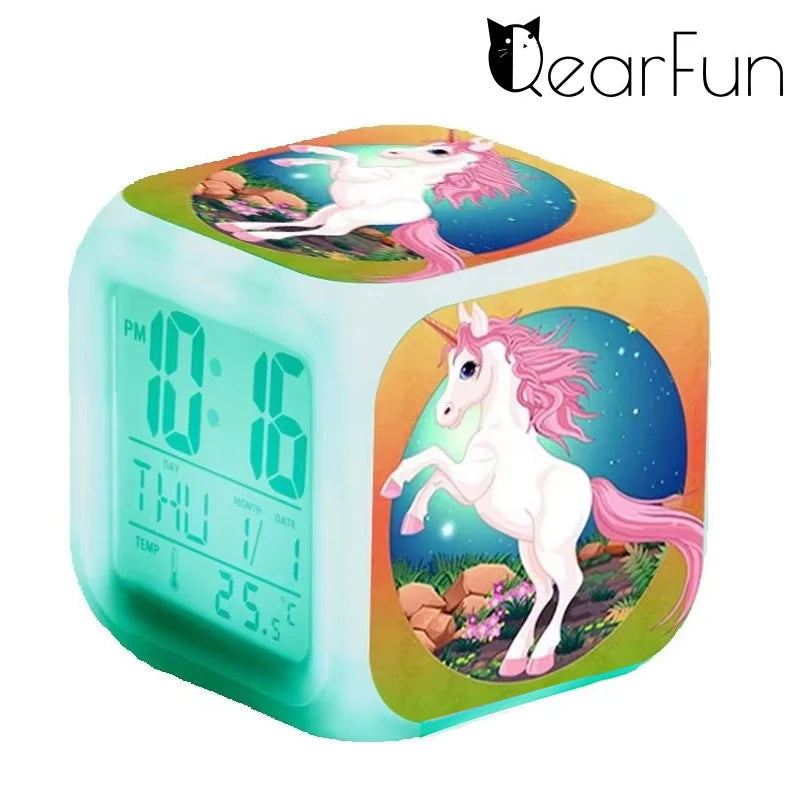 Children's Unicorn Alarm Clock Cartoon 7 Led Night Light Desk Clocks Date Temperature despertador Unicornio Kids Birthday Gifts